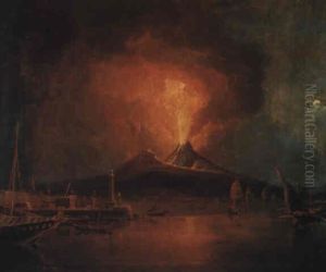 Bay Of Naples With Vesuvius Erupting By Moonlight by C. John M. Whichelo
