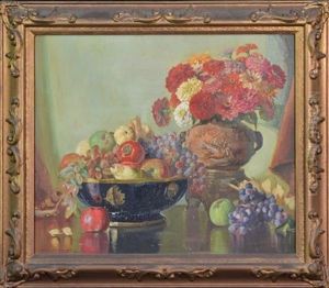 Fruit & Flowers In Oriental Vase,. Still Life by George Whinnen
