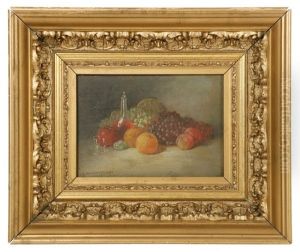 Miniature Still Life Of Fruit,  Wine Carafe And Two Glasses by George William Whitaker