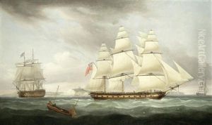 A Flagship Of The Blue Squadron, With The Vice-admiral Aboard, Astern Of A Large Merchantman, Both Just Past Dover