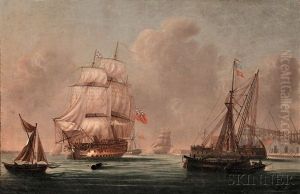 War Ship At Port (possibly Southampton) by Thomas Whitcombe
