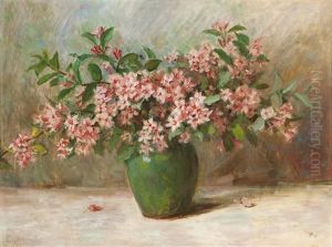 Pink Oleander Blossoms In A Green Vase by Edith White