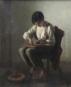 A Boy Playing A Game On A Peg Board by Edwin White