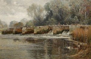 A Figure Fishing From A Weir Crossing A River by Frederick (William Newton) Whitehead