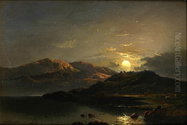 Sheep In A Mountainous Landscape; Moonlit Mountainous Landscape - view 1