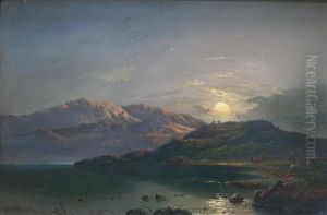Shepherd With Flock By A Lake At Sunset (+ Moonrise Above The Lake, On Board; 2 Works)