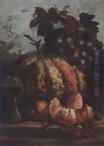 Grapes, A Peeled Orange, A Squash, And A Glass Of Wine, On A Wooded Ledge