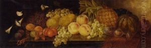 Peaches, A Pineapple, Grapes, Tomatoes, Plums, A Melon, And Flowers On A Draped Ledge