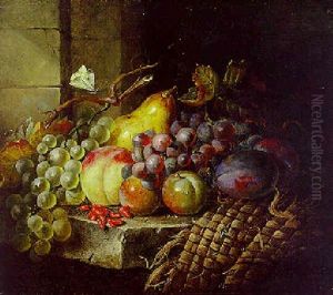 Grapes, Plums, A Peach, A Pear And A Wicker Basket On A Stone Ledge by Thomas Whittle the Elder