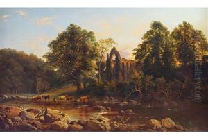 Bolton Abbey On The Wharfe With Cattle In The Foreground by Thomas Whittle the Younger