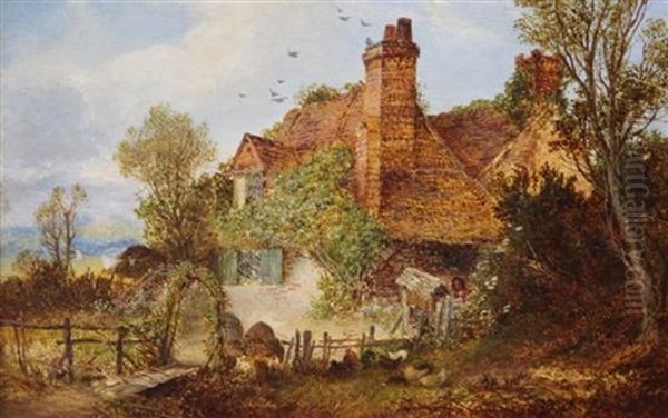 Figure And Chickens Beside A Cottage - view 1
