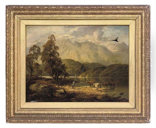An Extensive River Landscape With Cattle Watering - view 1