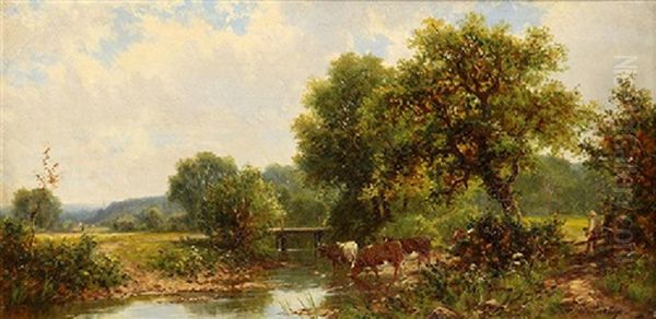 Cows Watering By A Stream - view 1