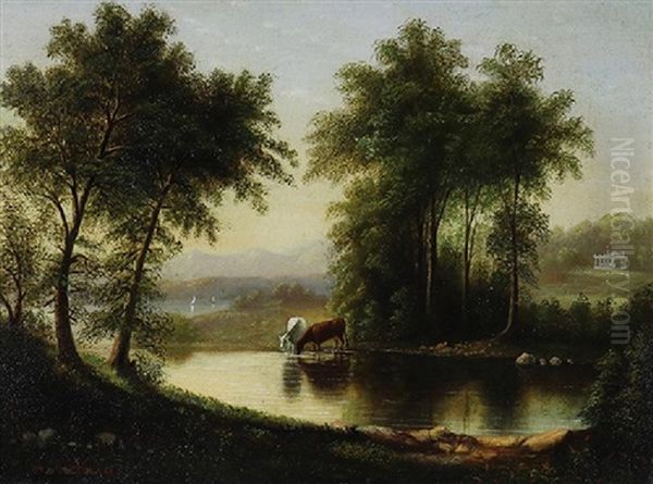 River Landscape With Cattle Watering - view 1