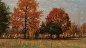 A Hunter And His Dog In An Autumn Landscape by Worthington Whittredge