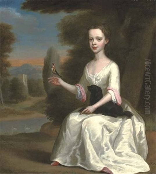 Portrait Of A Young Girl (esther Turpin?), In A White Dress With Pink Trim, Seated With A Toy Spaniel In Her Lap And A Goldfinch On Her Finger, In A Landscape, A Tower Beyond - view 1