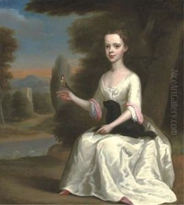 Portrait Of A Young Girl (esther Turpin?), In A White Dress With Pink Trim, Seated With A Toy Spaniel In Her Lap And A Goldfinch On Her Finger, In A Landscape, A Tower Beyond by Isaac Whood
