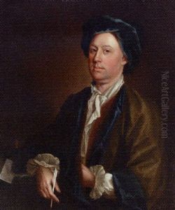 Portrait Of A Gentleman, In A Green And Blue Cloak And Blue Hat, Holding A Quill by Isaac Whood