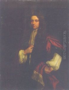 Portrait Of A Gentleman In A Green Coat With Red Mantle, Standing By A Plinth by Isaac Whood