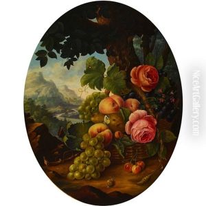Stillleben Mit Fruchten Und Blumen Vor Weiter Landschaft by Jakob Wibmer