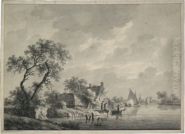 Niederlandische Fluslandschaft Mit Fischern Bei Einem Dorf (lexmond) - view 1