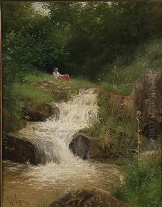 A Woman Next To A Flowing Creek by Raimund (Ritter von Brennerstein) Wichera