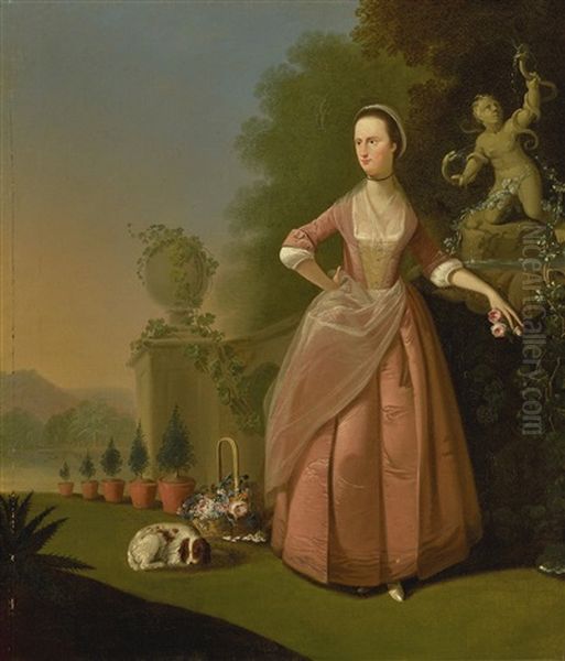 Portrait Of Mrs. Barratt Of Pottley Hall Wearing A Pink Dress In A Classical Garden With A Dog And And A Basket Of Flowers Besides Her - view 1