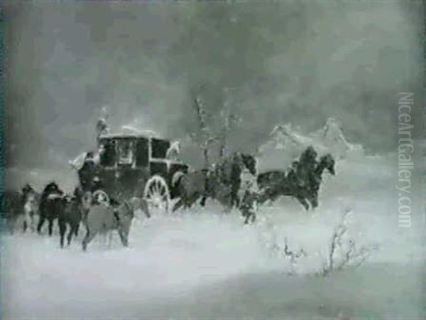 A Leeds Coach And Four In A Snowstorm; And Changing Horses  In A Snowstorm (a Pair) - view 1