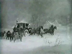A Leeds Coach And Four In A Snowstorm; And Changing Horses  In A Snowstorm (a Pair) by Richard Dodd Widdas