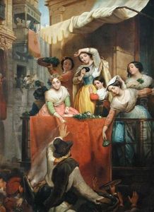 Roman Carnival - Elegant Ladies On A Balcony Casting Sugar Upon Their Admirers Below, With Numerous Figures Round About Them by Wilhelm Wider