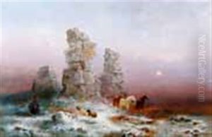 Horses And Sheep At Sunset On Rocky Marshland