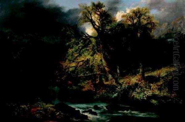 Am Upland Wooded River Landscape, Cattle Watering And Figures On A Path - view 1