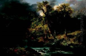 Am Upland Wooded River Landscape, Cattle Watering And Figures On A Path Am Upland Wooded River Landscape, Cattle Watering And Figures On A Path
