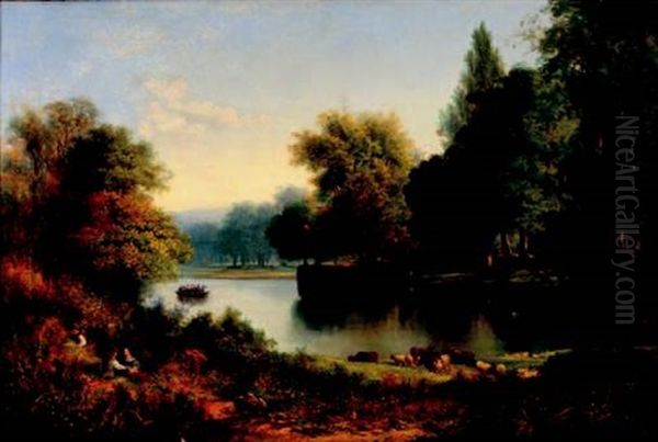 Summer River Landscape With A Couple, Cattle And A Busy Ferry Boat - view 1