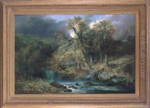 A Stormy Wooded River Landscape With A Mother And Child On A Path In The Woods by William Widgery
