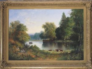 Extensive River Landscape With A Couple On The Riverbank And A Ferry Beyond
