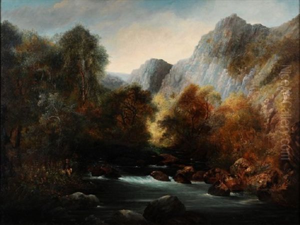 The Teign Valley, Fisherman Watching A Pool In The Foreground - view 1