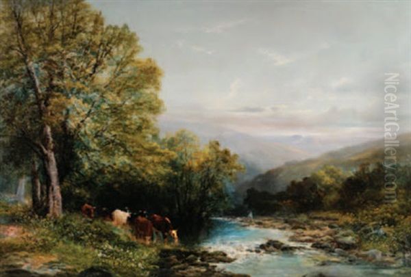 Wooded River Landscape, Cattle Watering In The Foreground, View To High Moors Beyond - view 1