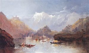 Oberitalienische Seenlandschaft Mit Booten, Gondeln, Wasserschloss Und Aufragendem Schneemassiv