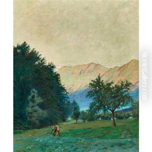 Berglandschaft Mit Bauer Beim Mahen by Hans Widmer