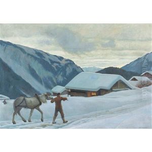 Winterlicher Sonnenaufgang Im Gebirge Mit Bauer Und Pferd by Hans Widmer
