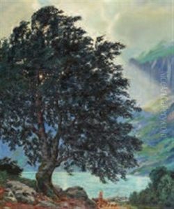 Uferlandschaft Mit Bauerin Und Schafen by Hans Widmer