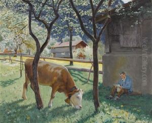 Dorfpartie Mit Lesendem Bauer Und Weidender Kuh by Hans Widmer