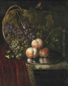 Three Peaches On A Silver Plate, White And Black Grapes In A Wicker Basket With A Butterfly, Together With Three Roasted Chestnuts On A Partially Draped, Marble Ledge