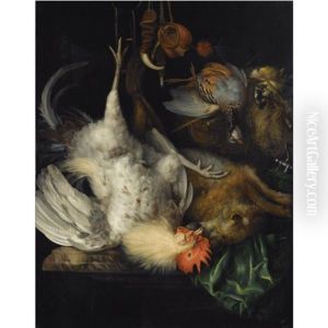 A Hunting Still Life Of A Dead Hare And A Cockerel Suspended From A Hook, A Dead Partridge And Two Songbirds, Together With Various Hunting Gear by Bartholt Wiebke