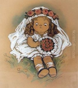 Young Girl In White Dress And Veil With Flowers by Grace G. Wiederseim
