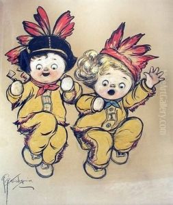 Two Children With Native American Headresses by Grace G. Wiederseim