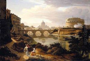 Rome, A View Of The River Tiber Looking South With The Castel Sant'angelo And Saint Peter's Basilica Beyond by Rudolf Wiegman