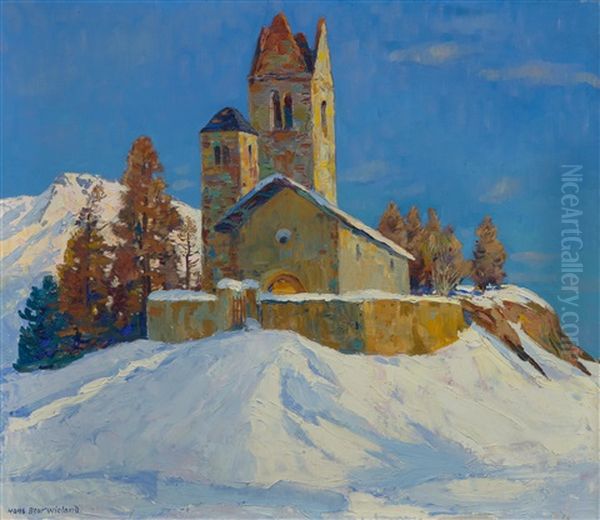 San Gian Church Near St. Moritz With Piz Padella In The Background - view 1