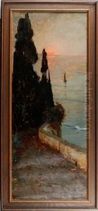 Italienische Kustenlandschaft Mit Kaimauer Bei Untergehender Sonne by Manuel Wielandt